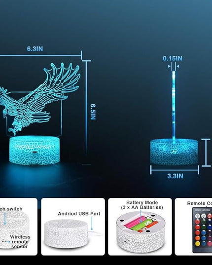LETOUR Night Light for Kids Eagle 3D Night Light Porpoise Illusion Lamp with Remote Control 16 Color Changing Xmas Halloween Birthday Gift for Child Baby Boy (Remote - Ice Crack Base) - LeafyLoom
