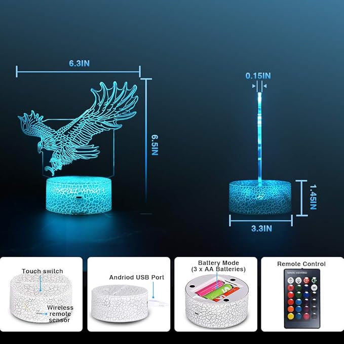 LETOUR Night Light for Kids Eagle 3D Night Light Porpoise Illusion Lamp with Remote Control 16 Color Changing Xmas Halloween Birthday Gift for Child Baby Boy (Remote - Ice Crack Base) - LeafyLoom
