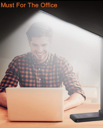 LED Desk Lamp with Wireless Charger,Eye-Caring Table Lamps,Stepless Dimmable Office Lamp with USB Charging Port,Touch/Memory/Timer Function,25 Brightness Lighting,Foldable Lamp - LeafyLoom