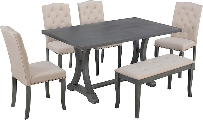 6-Piece Dinette Sets, Rectangular Trestle Dining Table, 4 Upholstered Chairs & Bench, for Diningroom Living Room, Easy to Assemble, Antique Gray - LeafyLoom