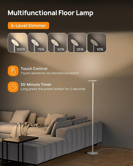 TROND Floor Lamp, 5000LM Super Bright Sky LED Modern Torchiere Standing Lamp, 3000K Warm White with 5-Level Dimmable, 71 in Tall Pole Light, 30-Minute Timer, Modular Rod, Wall Switch Compatible - LeafyLoom