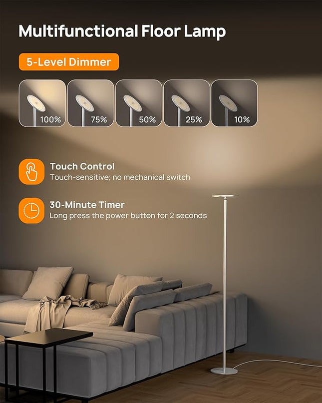 TROND Floor Lamp, 5000LM Super Bright Sky LED Modern Torchiere Standing Lamp, 3000K Warm White with 5-Level Dimmable, 71 in Tall Pole Light, 30-Minute Timer, Modular Rod, Wall Switch Compatible - LeafyLoom