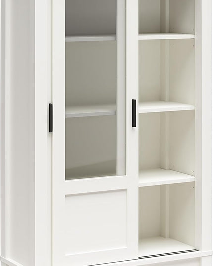 Ameriwood Home Chapel Hill Rustic Farmhouse Bookcase Cabinet with Sliding Glass Doors, White with Brown Oak Top - LeafyLoom