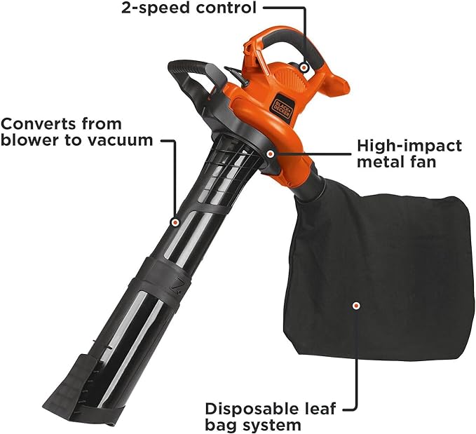 BLACK+DECKER Leaf Blower & Leaf Vacuum, 3-in-1, 12-Amp, 250-MPH, 400-CFM (BV6000) - LeafyLoom