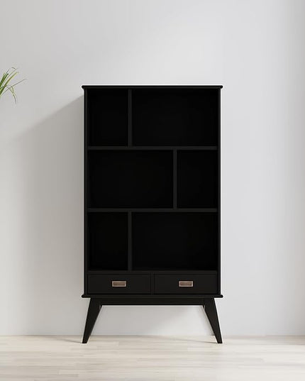 SIMPLIHOME Draper SOLID HARDWOOD 64 inch x 35 inch Mid Century Modern Wide Bookcase and Storage Unit in Black for The Living Room, Study Room and Office - LeafyLoom