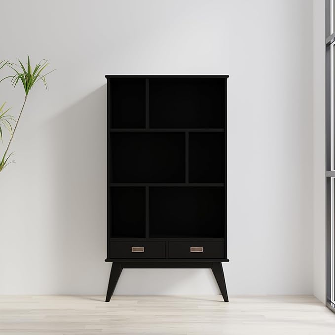 SIMPLIHOME Draper SOLID HARDWOOD 64 inch x 35 inch Mid Century Modern Wide Bookcase and Storage Unit in Black for The Living Room, Study Room and Office - LeafyLoom