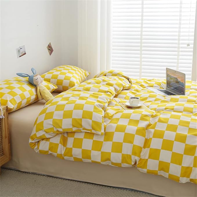 Wellboo Yellow and White Comforter Sets King Women Men Bright Yellow Checkerboard Grid Bedding Comforters Cotton Boys Girls Modern Light Yellow Checkered Geometric Quilts Luxury Elegant Yellow Bed - LeafyLoom