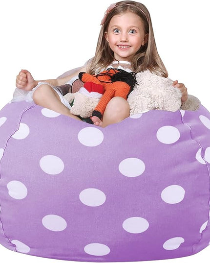 Wekapo Stuffed Animal Storage Bean Bag Chair Cover for Kids | Stuffable Zipper Beanbag for Organizing Children Plush Toys Large Premium Cotton Canvas (Purple Dot, XX-Large) - LeafyLoom