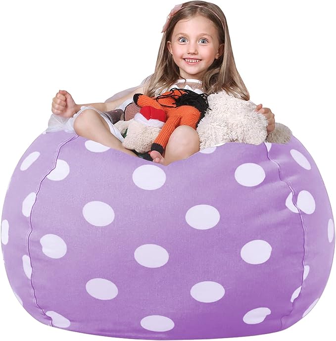 Wekapo Stuffed Animal Storage Bean Bag Chair Cover for Kids | Stuffable Zipper Beanbag for Organizing Children Plush Toys Large Premium Cotton Canvas (Purple Dot, XX-Large) - LeafyLoom