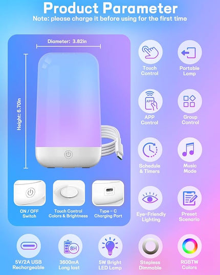 Smart Touch Bedside Table Lamp [Multi-Color & Warm Lights], 3600mA Cordless Small Table Lamp Rechargeable, 7 Colors & Fully Dimmable LED Night Lights for Bedroom Nightstand Nursery Living Room - LeafyLoom