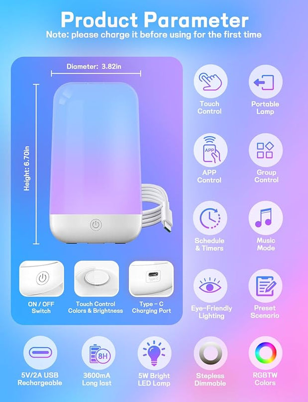 Smart Touch Bedside Table Lamp [Multi-Color & Warm Lights], 3600mA Cordless Small Table Lamp Rechargeable, 7 Colors & Fully Dimmable LED Night Lights for Bedroom Nightstand Nursery Living Room - LeafyLoom