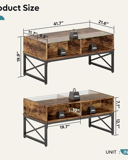 Bestier LED Coffee Tables for Living Room, 42 Inch Wood Center Table with Glass Top for Game Night. Rustic Brown - LeafyLoom