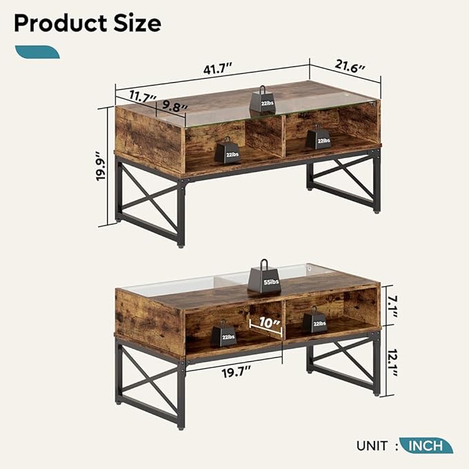Bestier LED Coffee Tables for Living Room, 42 Inch Wood Center Table with Glass Top for Game Night. Rustic Brown - LeafyLoom