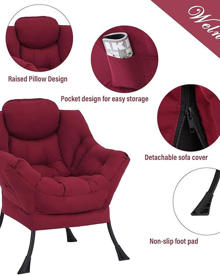 Welnow Lazy Chair with Ottoman, Modern Lounge Accent Chair with Armrests and a Side Pocket, Leisure Upholstered Sofa Chair Set, Reading Chair with Footrest for Small Space, Burgundy - LeafyLoom