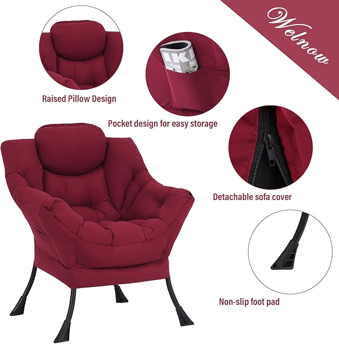 Welnow Lazy Chair with Ottoman, Modern Lounge Accent Chair with Armrests and a Side Pocket, Leisure Upholstered Sofa Chair Set, Reading Chair with Footrest for Small Space, Burgundy - LeafyLoom