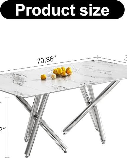 NicBex Large Modern Simple Rectangular Glass Dining Table for 6-8 People with 0.39-Inch White Imitation Marble Desktop and Silver Metal Legs for Banquet Hall, White Marble + Silver - LeafyLoom