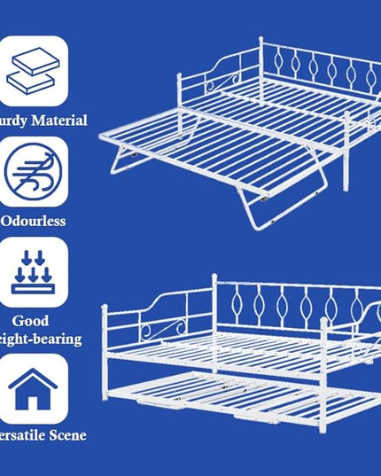 Full Daybed with Trundle, Metal Day Bed with Pull Out Trundle, Sofa Bed with Twin Size Portable Folding Trundle, Bed Frame for Bedroom, Living Room, Guest Room, Home, No Box Spring Needed, White - LeafyLoom