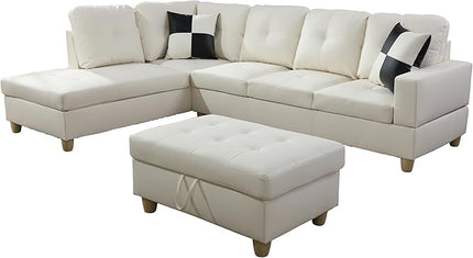 ROOMTEC Button L Shape 3 Piece Sectional Sofa Set, Upholstered Corner Couch with Storage Ottoman, Faux Leather Tufted Cushions, for Living Room, Apartment, 103inch, White w/Left Chaise Lounge - LeafyLoom