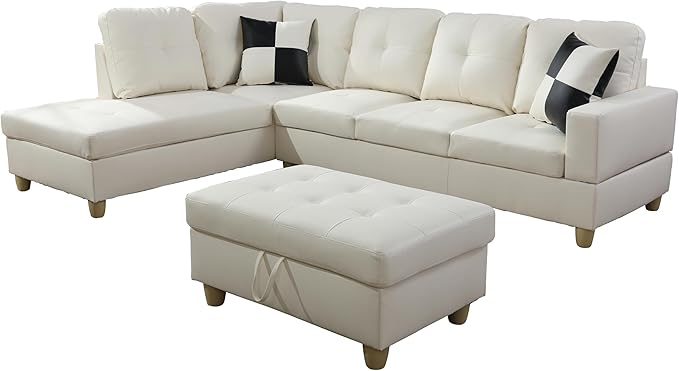 ROOMTEC Button L Shape 3 Piece Sectional Sofa Set, Upholstered Corner Couch with Storage Ottoman, Faux Leather Tufted Cushions, for Living Room, Apartment, 103inch, White w/Left Chaise Lounge - LeafyLoom