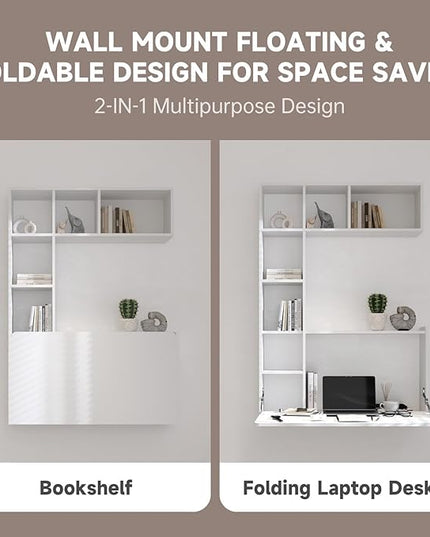 DMAITH Wall Mounted Desk, White Folding Desk for Small Spaces, Hidden Pull Down Floating Writing Desk with Storage Shelf for Home Office - LeafyLoom