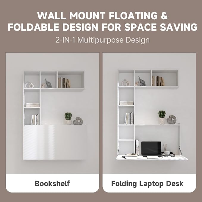 DMAITH Wall Mounted Desk, White Folding Desk for Small Spaces, Hidden Pull Down Floating Writing Desk with Storage Shelf for Home Office - LeafyLoom