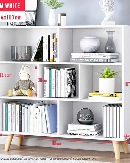 IOTXY Wooden Open Shelf Bookcase - 3-Tier Floorstanding Display Cabinet Rack with Legs, 7 Cubes Free Standing Bookshelf, Warm White - LeafyLoom