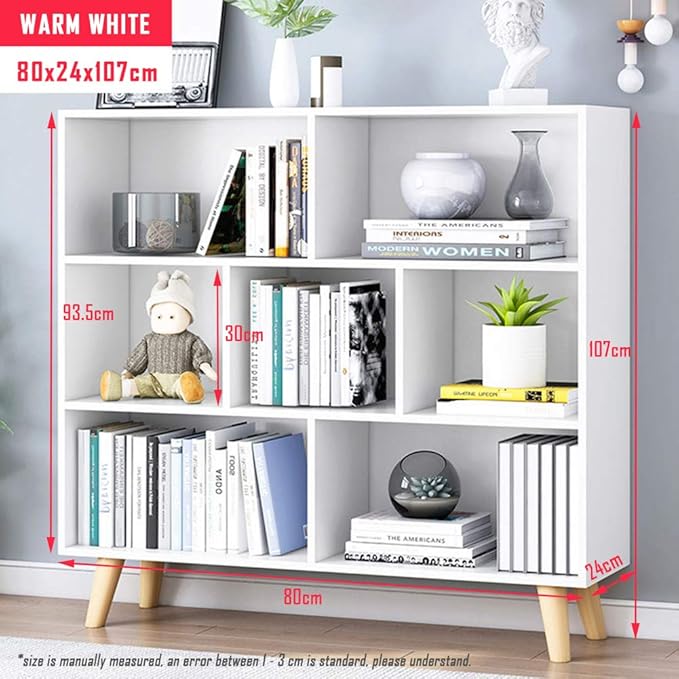 IOTXY Wooden Open Shelf Bookcase - 3-Tier Floorstanding Display Cabinet Rack with Legs, 7 Cubes Free Standing Bookshelf, Warm White - LeafyLoom