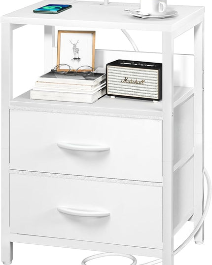 Yoobure Nightstand with Charging Station, Small Night Stand with Fabric Drawers and Storage Shelf for Bedrooms, Nightstands for Small Spaces, Bedside Table with USB Ports & Outlets, Bed Side Table - LeafyLoom