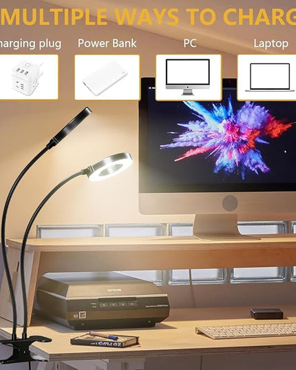 LED Desk Lamp with USB Adapter, Eye-Caring Gooseneck Ring Light, 3 Modes 10 Brightness Adjustable 10W Desk Light for Makeup Reading Bed Headboard (Metal) - LeafyLoom