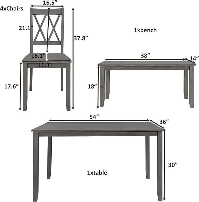 Farmhouse Rustic Cross Back 4 Chairs and Multifunctional Bench, Long-lasting Solid Rubber Wood, for Kitchen, Room, Gray Wash, 6 Piece Dining Table Set - LeafyLoom