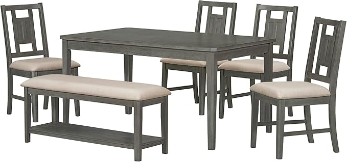 6-Piece Retro Dining Set with 4 upholstered Chairs, Counter Kitchen Suit W/Minimalist Wooden Table and 1 Shelf Bench, for Family Use, Easy to Install, Dark Gray+Beige - LeafyLoom