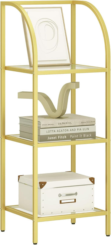 Bookcase Bookshelf, Tempered Glass Arched Bookshelf for More Storage, Slim Shelving Unit for Bedroom, Bathroom, Home Office, Steel Frame, 3 Tier Gold BC20399G - LeafyLoom