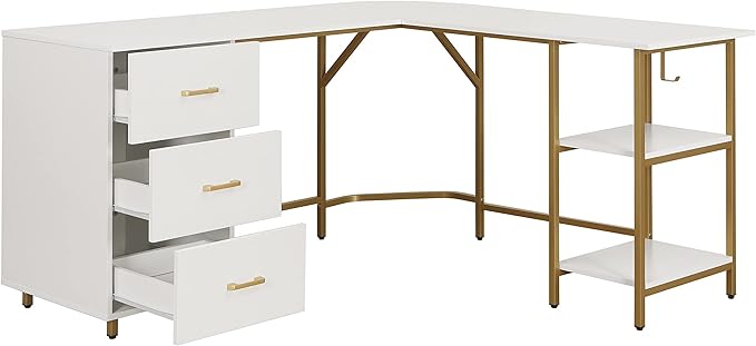 Techni Mobili L Shaped Desk - Two-Toned Computer Desk with Drawers & Storage Shelves - Simple Modern Furniture & Home Office Space Corner Table for Work & Writing - LeafyLoom
