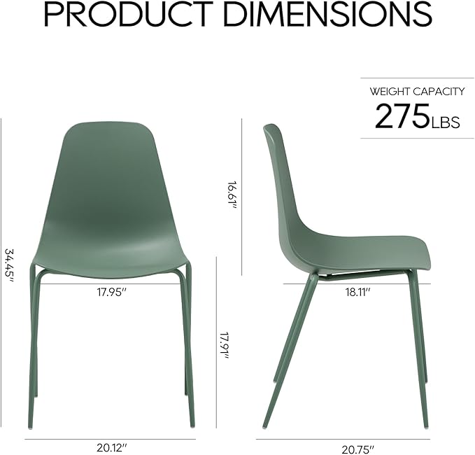 COLAMY Stackable Dining Chairs Set of 4, Indoor Outdoor Dining Room Side Chairs with Metal Legs, Modern Plastic Patio Chairs for Home/Kitchen/Office/Resturant/Bistro/Cafe, Green - LeafyLoom