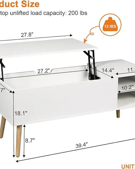 Coffee Table Lift Top - White Coffee Table with Lifting Top and Hide Compartment Storage - Lift Coffee Table Rectangle - Wood Coffee Tables for Living Room - LeafyLoom