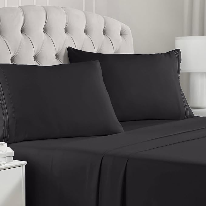 Mellanni Full Sheets Set - 4 PC Iconic Collection Bedding Sheets & Pillowcases - Hotel Luxury, Extra Soft, Cooling Bed Sheets - Deep Pocket up to 16 inch (Full, Black) - LeafyLoom