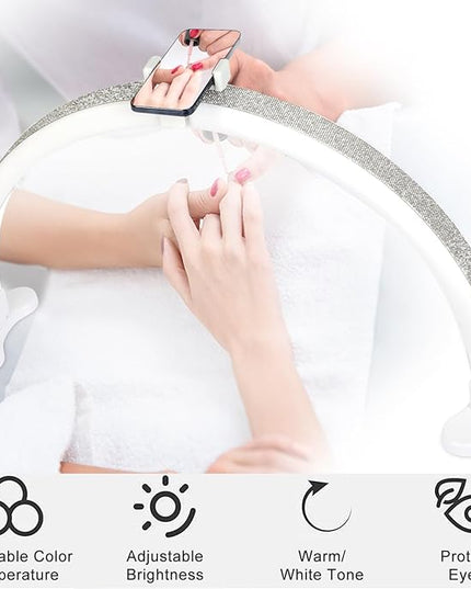 Half Moon Light with Phone Holder, 29 in 48W Nail Desk Lamp, Lash Light for Eyelash Tech, Makeup, Tattoo, Spa, Salon, Nail Tech Lamp with Stepless Dimming & Color Temperature(White) - LeafyLoom