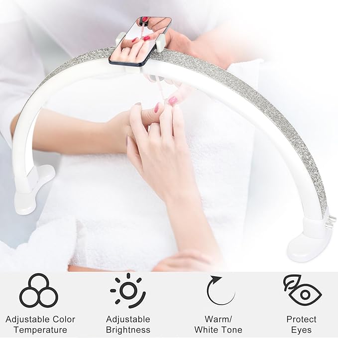 Half Moon Light with Phone Holder, 29 in 48W Nail Desk Lamp, Lash Light for Eyelash Tech, Makeup, Tattoo, Spa, Salon, Nail Tech Lamp with Stepless Dimming & Color Temperature(Pink) - LeafyLoom