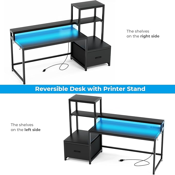 GreenForest Computer Desk with Drawer and Printer Shelf, 68.8 inch Gaming Desk with LED Lights and Power Outlets, Home Office Desk with Storage for Study Writing Working,Black - LeafyLoom
