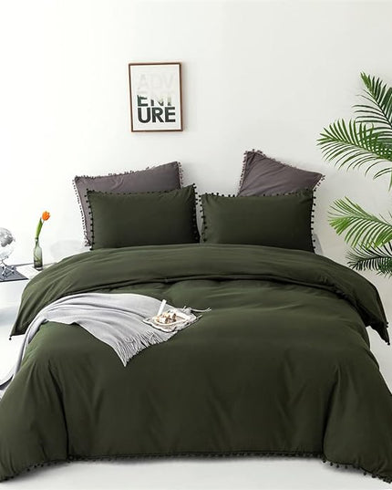 Army Green Comforter Cal King Dark Green Pom Green Comforter 3 PCs Soft Olive Green Boho Ball Pom Fringe California King Comforter Bedding Set Women Solid Dark Green Bed Comforter All Season - LeafyLoom