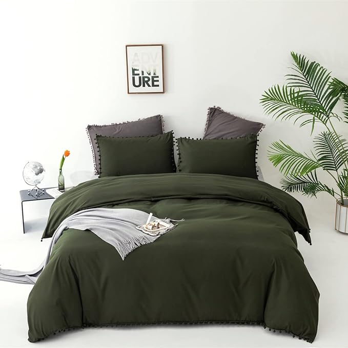 Army Green Comforter Cal King Dark Green Pom Green Comforter 3 PCs Soft Olive Green Boho Ball Pom Fringe California King Comforter Bedding Set Women Solid Dark Green Bed Comforter All Season - LeafyLoom