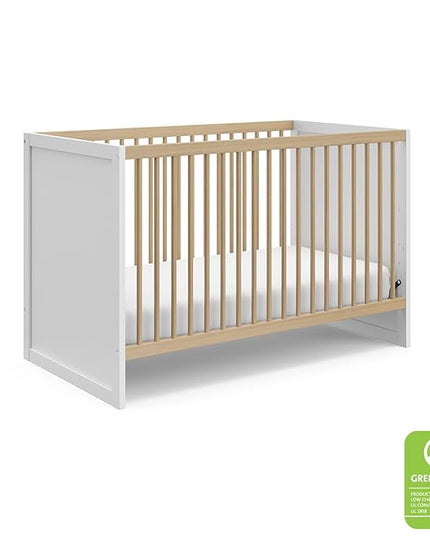 Storkcraft Calabasas 3-in-1 Convertible Crib (White with Driftwood) – GREENGUARD Gold Certified, Fits Standard Crib Mattress, Converts to Toddler Bed, Modern Style, Easy 30-Minute Assembly - LeafyLoom