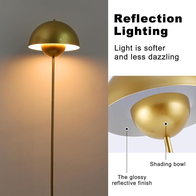 Modern Floor Lamp for Bedroom, 63'' Industrial Corner Floor Lamp for Living Room, Metal Arched Shade Tall Standing Lamp for Office, Reflecting Light Reading Floor Lamp, Gold - LeafyLoom