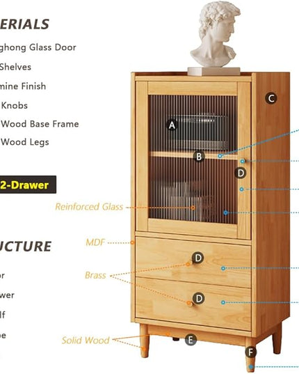 Wooden Glass Door Bookcase - 2-Tier Cube Bookshelf Storage Cabinet with Double Drawer and Adjustable Shelf, Solid Wood Legs Cupboard in Pear Yellow - LeafyLoom