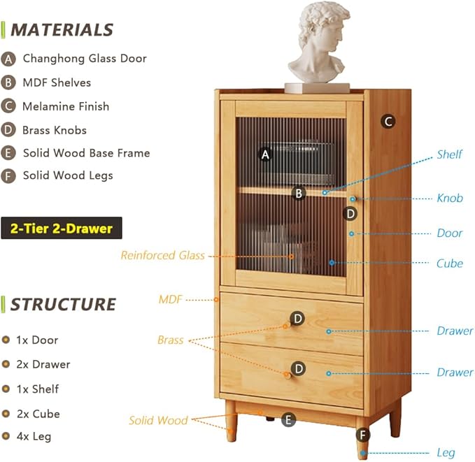Wooden Glass Door Bookcase - 2-Tier Cube Bookshelf Storage Cabinet with Double Drawer and Adjustable Shelf, Solid Wood Legs Cupboard in Pear Yellow - LeafyLoom