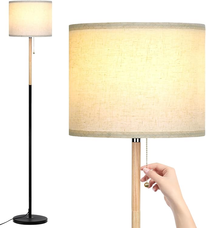Modern Floor Lamp for Living Room Traditional Farmhouse Floor Lamps Mid-Century Pole Lamp with Linen Lamp Shade, Standing Tall Floor Lamps for Bedrooms and Office (White-01) - LeafyLoom