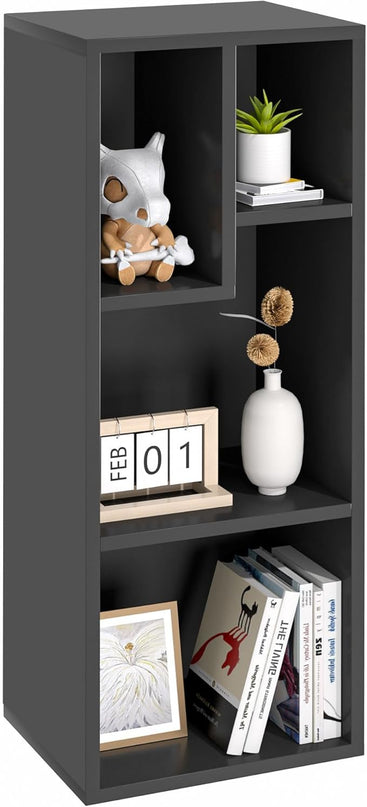 VECELO Small Bookshelf, 4 Cube Slim Bookcase, Fits Tallest Hardcovers, Horizontal Available, Modern Floor Standing Unit, Each Shelf Hold Up to 66 LBS, Matte Black - LeafyLoom