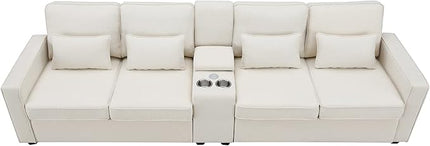 Upholstered Sectional Sofa with Console, 2 Cup Holders and 2 USB Ports & Wirelessly Charged, Modern Linen Fabric 4-Seat Couch with 4 Pillows for Living Room, Apartment, Office, 114.2inch - LeafyLoom