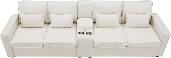 Upholstered Sectional Sofa with Console, 2 Cup Holders and 2 USB Ports & Wirelessly Charged, Modern Linen Fabric 4-Seat Couch with 4 Pillows for Living Room, Apartment, Office, 114.2inch - LeafyLoom