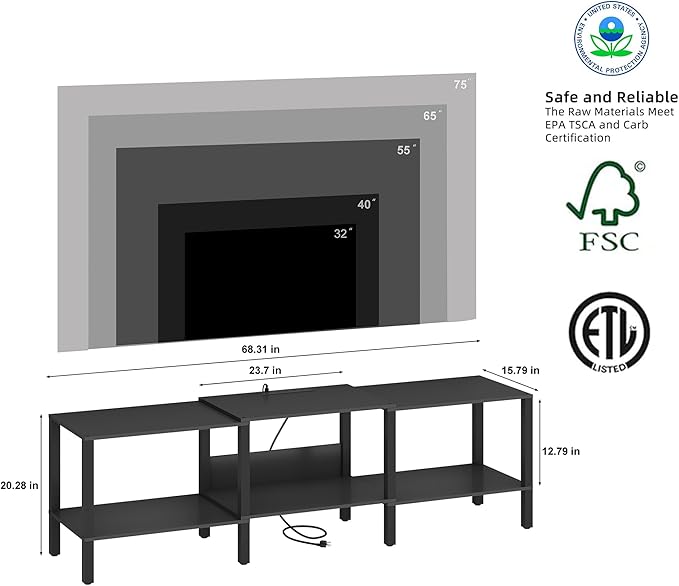 Black LED TV Stand with Power Outlet for Living Room+75 Inch Wood TV Media Console for 45/55/65/75 inch TVs，Industrial TV Stand，TV Stand Media Entertainment Center，Black LTV06BKE - LeafyLoom